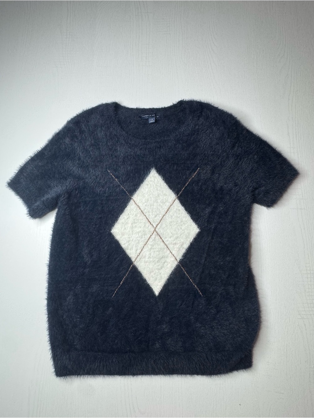Tommy Hilfiger Black Fuzzy Crewneck Sweater with Cream Argyle